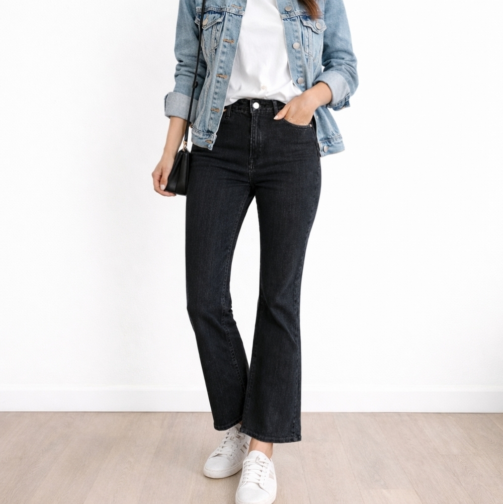 Madewell Mid Rise Kick Out Jeans 27 Black Cropped Bootcut Stretch Denim - Picture 2 of 14